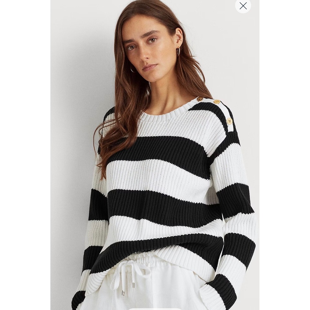 Lauren Ralph Lauren Striped Cotton Sweater Gold Button PXS Parisian Euro Chic